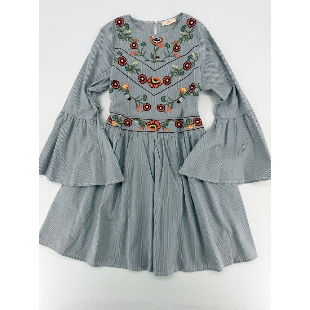 Hummingbird Embroidered Floral Boho Dress Bell Sleeve Small